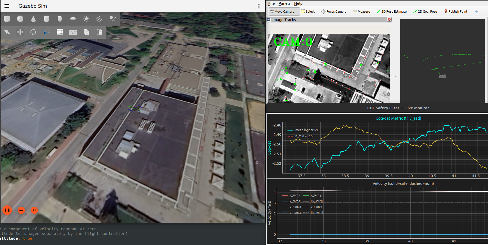 Gazebo viewport of the quadrotor during a climbing-trajectory run